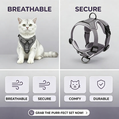 Ultimate Escape Proof Cat Harness & Leash Combo - Adjustable, Reflective, Breathable Mesh Vest for Safe Summer Walks!
