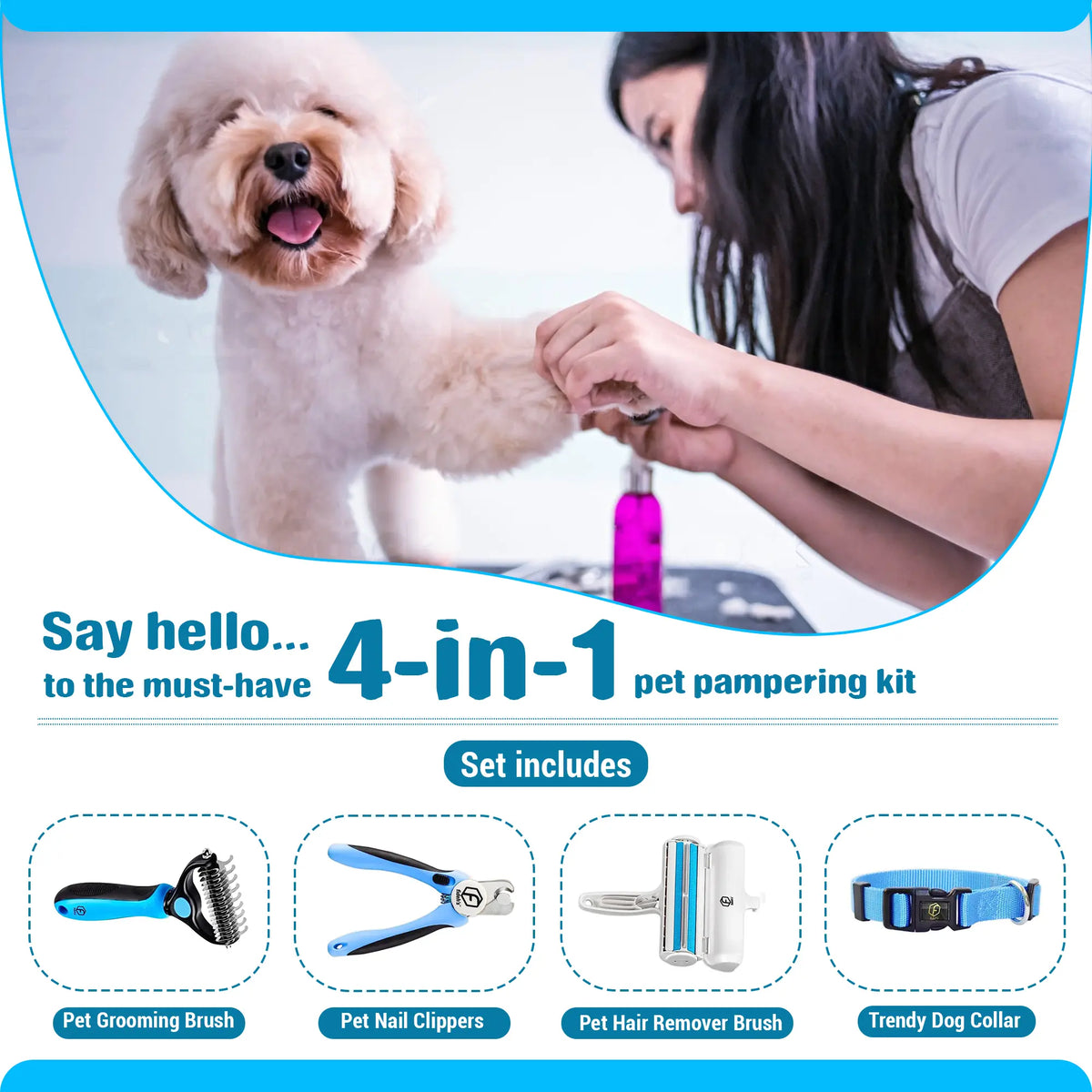 FIDEH 4-in-1 Pet Grooming Set - Reusable Hair Remover Brush, Double-Sided Shedding Brush, Nail Clippers, and Nylon Collar for Medium Dogs - Stylish Pink (4 Pieces)