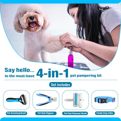 FIDEH 4-in-1 Pet Grooming Set - Reusable Hair Remover Brush, Double-Sided Shedding Brush, Nail Clippers, and Nylon Collar for Medium Dogs - Stylish Pink (4 Pieces)