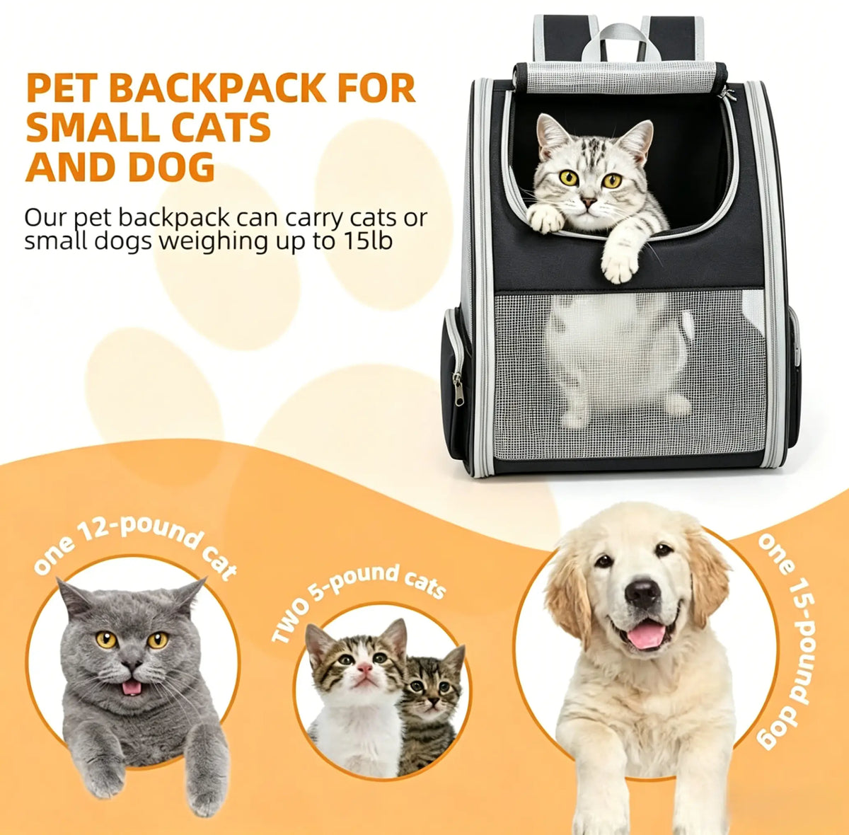 EGFSK Portable Cat Carrier Backpack for Small Pets (up to 15 lbs) - Equipped with 3 Mesh Windows, Breathable Material, Secure Buckle Closure, Detachable Straps, Dual Side Pockets, Easy-Clean Design, and Comfortable for Extended Use - Ideal for Travel, Camping, and Hiking