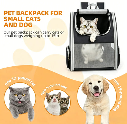 EGFSK Portable Cat Carrier Backpack for Small Pets (up to 15 lbs) - Equipped with 3 Mesh Windows, Breathable Material, Secure Buckle Closure, Detachable Straps, Dual Side Pockets, Easy-Clean Design, and Comfortable for Extended Use - Ideal for Travel, Camping, and Hiking