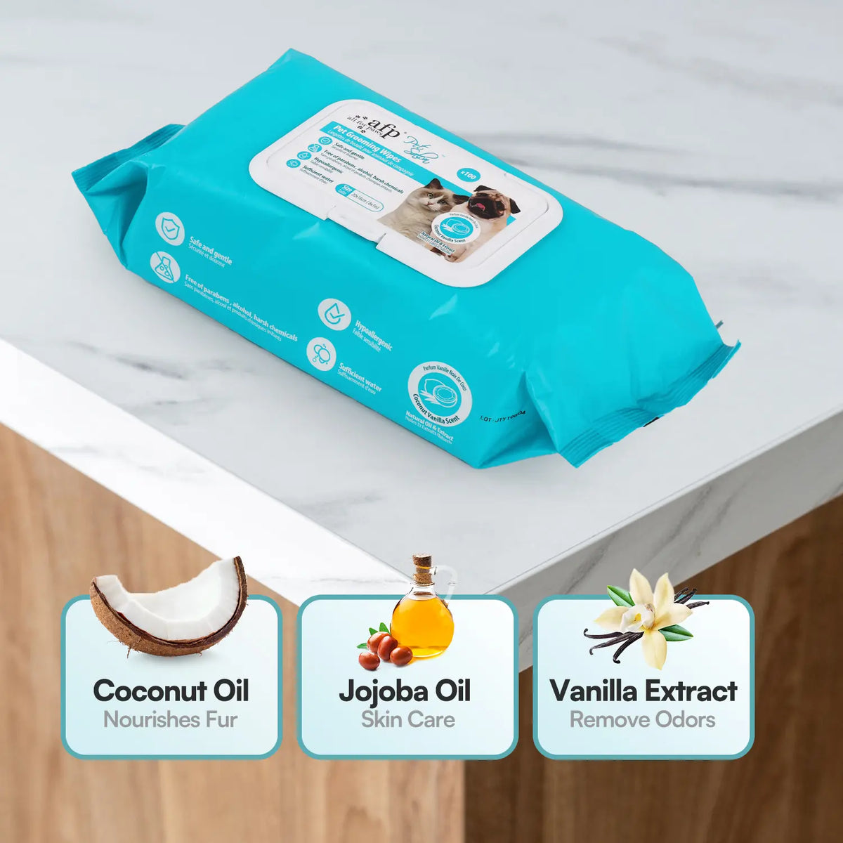Allforpaws Coconut Vanilla Scented Pet Grooming Wipes - 100 Alcohol-Free Deodorizing Wipes with Jojoba & Coconut Oils for Safe Hydration and Odor Control
