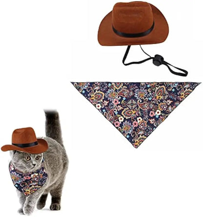 Pet Western Cowboy Costume Set (2-Piece, Small) - Adjustable Hat with Elastic Chin Strap & Bandana for Dogs and Cats, Ideal for Parties and Everyday Wear