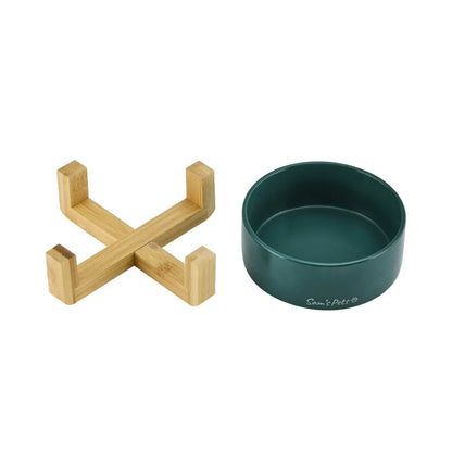 Coco Green Single Pet Bowl with Wooden Stand, 5.11 inches