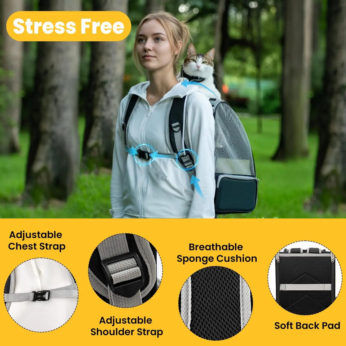 EGFSK Portable Cat Carrier Backpack for Small Pets (up to 15 lbs) - Equipped with 3 Mesh Windows, Breathable Material, Secure Buckle Closure, Detachable Straps, Dual Side Pockets, Easy-Clean Design, and Comfortable for Extended Use - Ideal for Travel, Camping, and Hiking