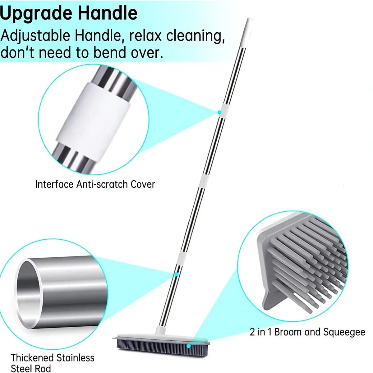 Adjustable 2-in-1 Broom & Squeegee - Perfect for Indoor & Outdoor Cleaning, Pet Hair Removal, Soft Rubber Bristles