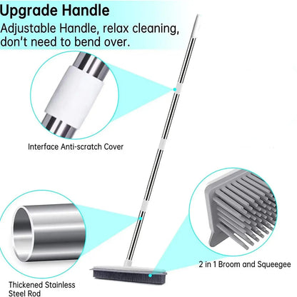 Adjustable 2-in-1 Broom & Squeegee - Perfect for Indoor & Outdoor Cleaning, Pet Hair Removal, Soft Rubber Bristles