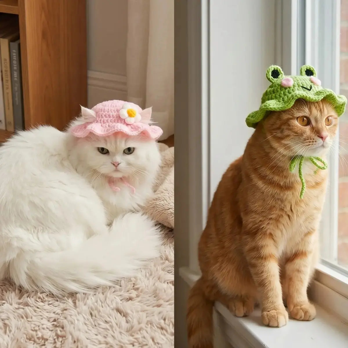 Adorable 4PCS Handmade Knitted Frog Hats for Small Cats - Lightweight, Adjustable, Perfect for Holidays & Photos!
