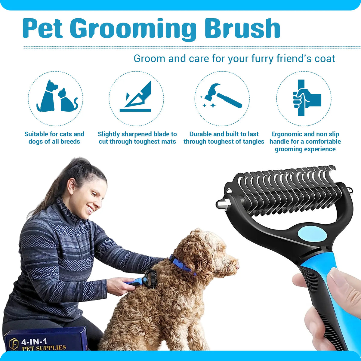 FIDEH 4-in-1 Pet Grooming Set - Reusable Hair Remover Brush, Double-Sided Shedding Brush, Nail Clippers, and Nylon Collar for Medium Dogs - Stylish Pink (4 Pieces)