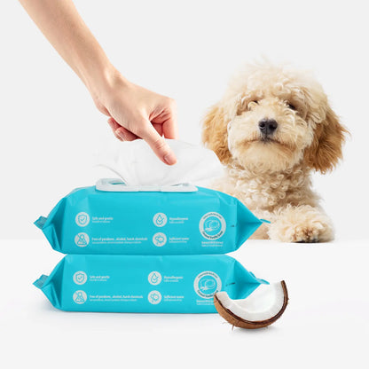 Allforpaws Coconut Vanilla Scented Pet Grooming Wipes - 100 Alcohol-Free Deodorizing Wipes with Jojoba & Coconut Oils for Safe Hydration and Odor Control
