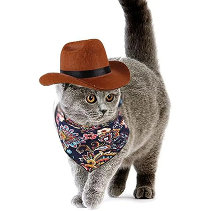 Pet Western Cowboy Costume Set (2-Piece, Small) - Adjustable Hat with Elastic Chin Strap & Bandana for Dogs and Cats, Ideal for Parties and Everyday Wear