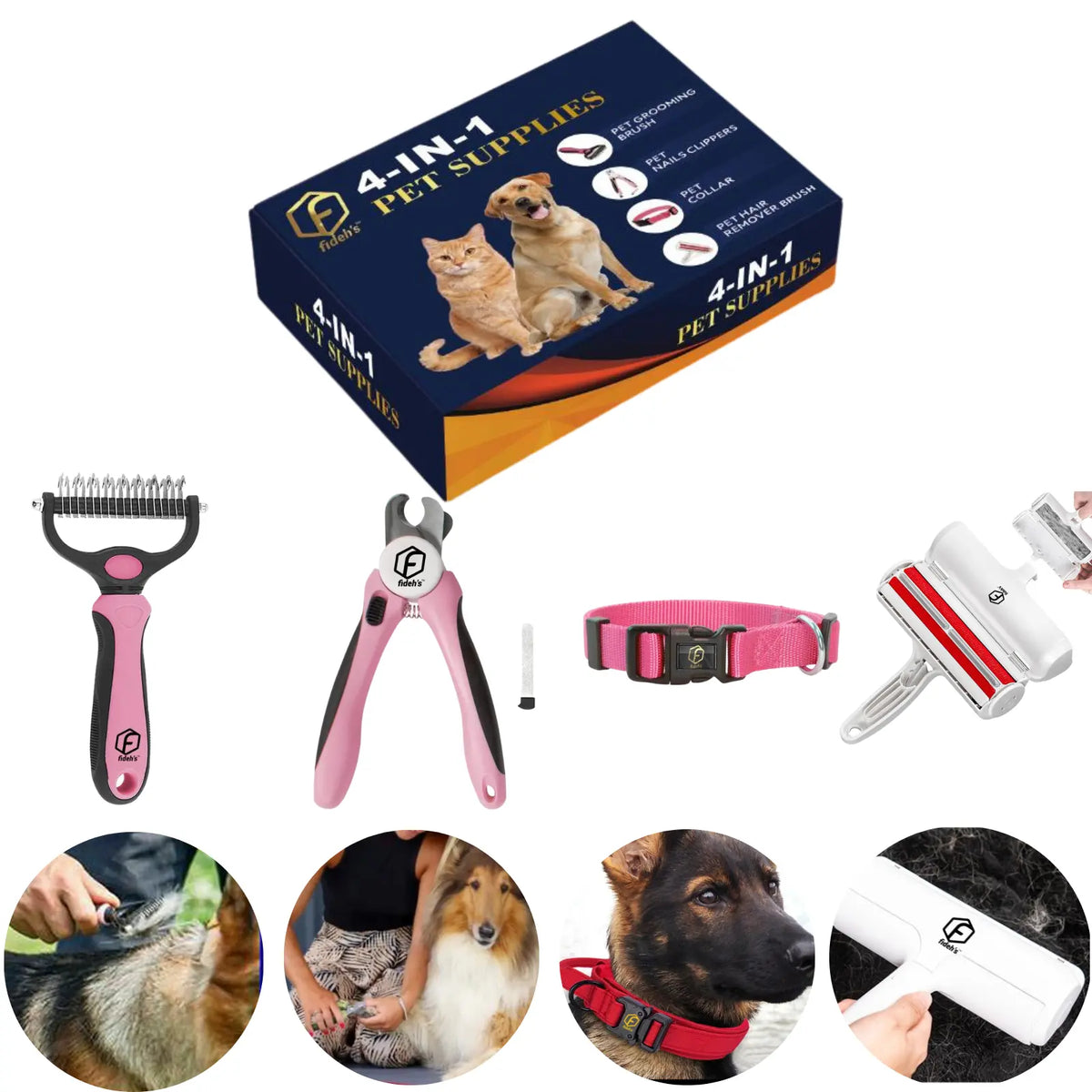 FIDEH 4-in-1 Pet Grooming Set - Reusable Hair Remover Brush, Double-Sided Shedding Brush, Nail Clippers, and Nylon Collar for Medium Dogs - Stylish Pink (4 Pieces)