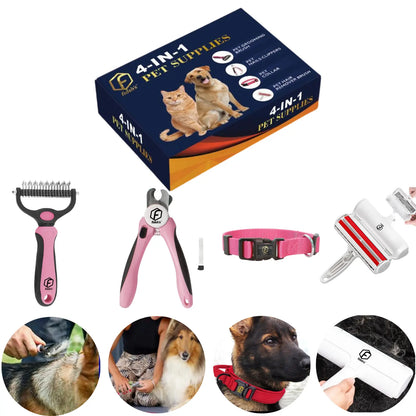 FIDEH 4-in-1 Pet Grooming Set - Reusable Hair Remover Brush, Double-Sided Shedding Brush, Nail Clippers, and Nylon Collar for Medium Dogs - Stylish Pink (4 Pieces)