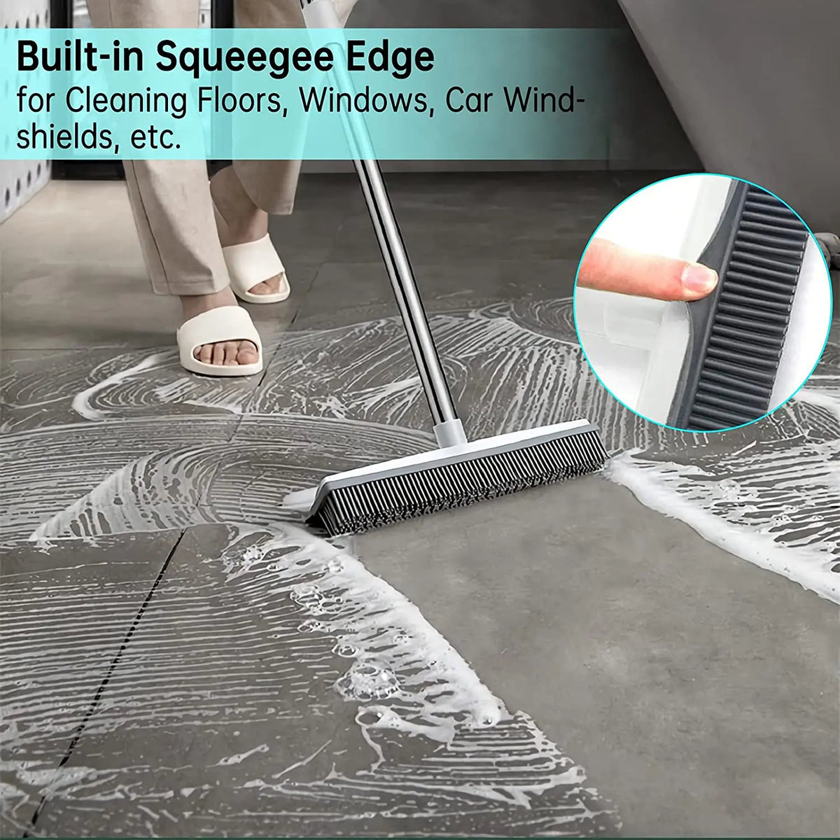 Adjustable 2-in-1 Broom & Squeegee - Perfect for Indoor & Outdoor Cleaning, Pet Hair Removal, Soft Rubber Bristles