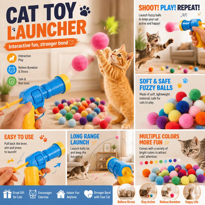20-Piece Plush Fuzz Balls Cat Toy Launcher Gun - Interactive Training Tool for Kittens and Adult Cats, Promotes Hunting Instincts and Engaging Play