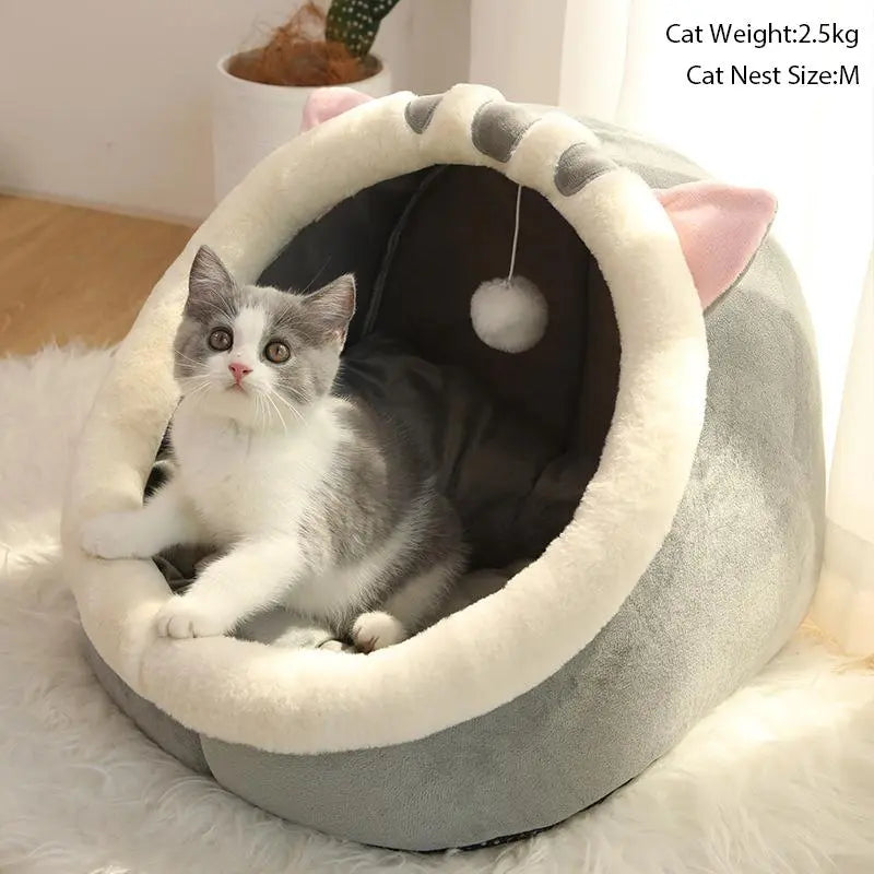 Cozy Cartoon Animals Ear Thermal Cat Cave Bed - Soft Fleece Indoor Pet House for Ultimate Comfort & Cuteness