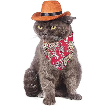 Pet Western Cowboy Costume Set (2-Piece, Small) - Adjustable Hat with Elastic Chin Strap & Bandana for Dogs and Cats, Ideal for Parties and Everyday Wear