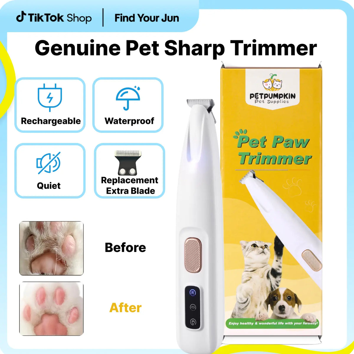 PETPUMPKIN 2025 Rechargeable Waterproof Pet Grooming Clippers for Dogs & Cats - LED Light, Washable Blade, Safe Ceramic Edge for Paws, Eyes & Ears