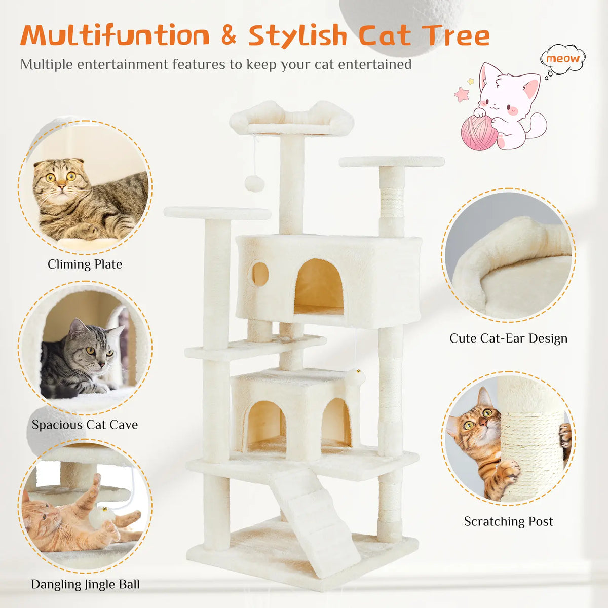 Pettrove Multi-Level Cat Tree Tower - Ultimate Indoor Playground with Scratching Post, Cozy Condo, Climbing Ladder & Plush Toy for Happy Kittens!