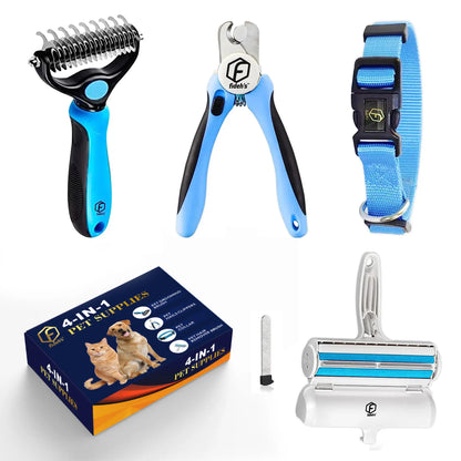 FIDEH 4-in-1 Pet Grooming Set - Reusable Hair Remover Brush, Double-Sided Shedding Brush, Nail Clippers, and Nylon Collar for Medium Dogs - Stylish Pink (4 Pieces)