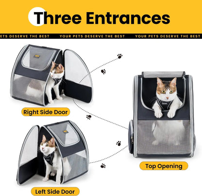 EGFSK Portable Cat Carrier Backpack for Small Pets (up to 15 lbs) - Equipped with 3 Mesh Windows, Breathable Material, Secure Buckle Closure, Detachable Straps, Dual Side Pockets, Easy-Clean Design, and Comfortable for Extended Use - Ideal for Travel, Camping, and Hiking