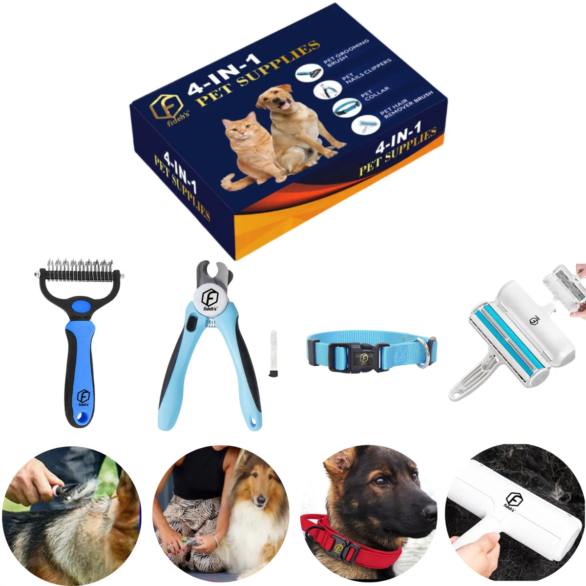 FIDEH 4-in-1 Pet Grooming Set - Reusable Hair Remover Brush, Double-Sided Shedding Brush, Nail Clippers, and Nylon Collar for Medium Dogs - Stylish Pink (4 Pieces)
