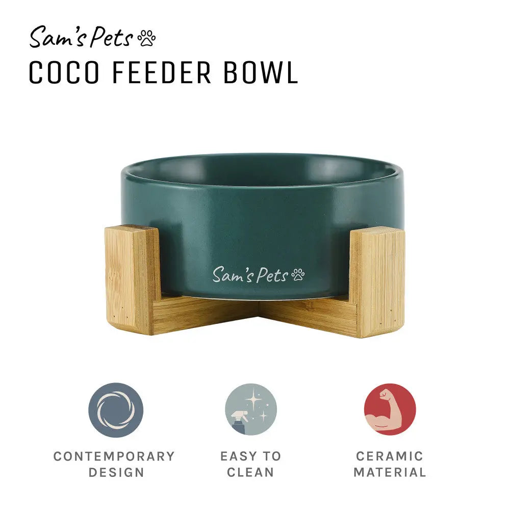 Coco Green Single Pet Bowl with Wooden Stand, 5.11 inches