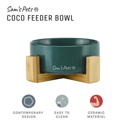 Coco Green Single Pet Bowl with Wooden Stand, 5.11 inches
